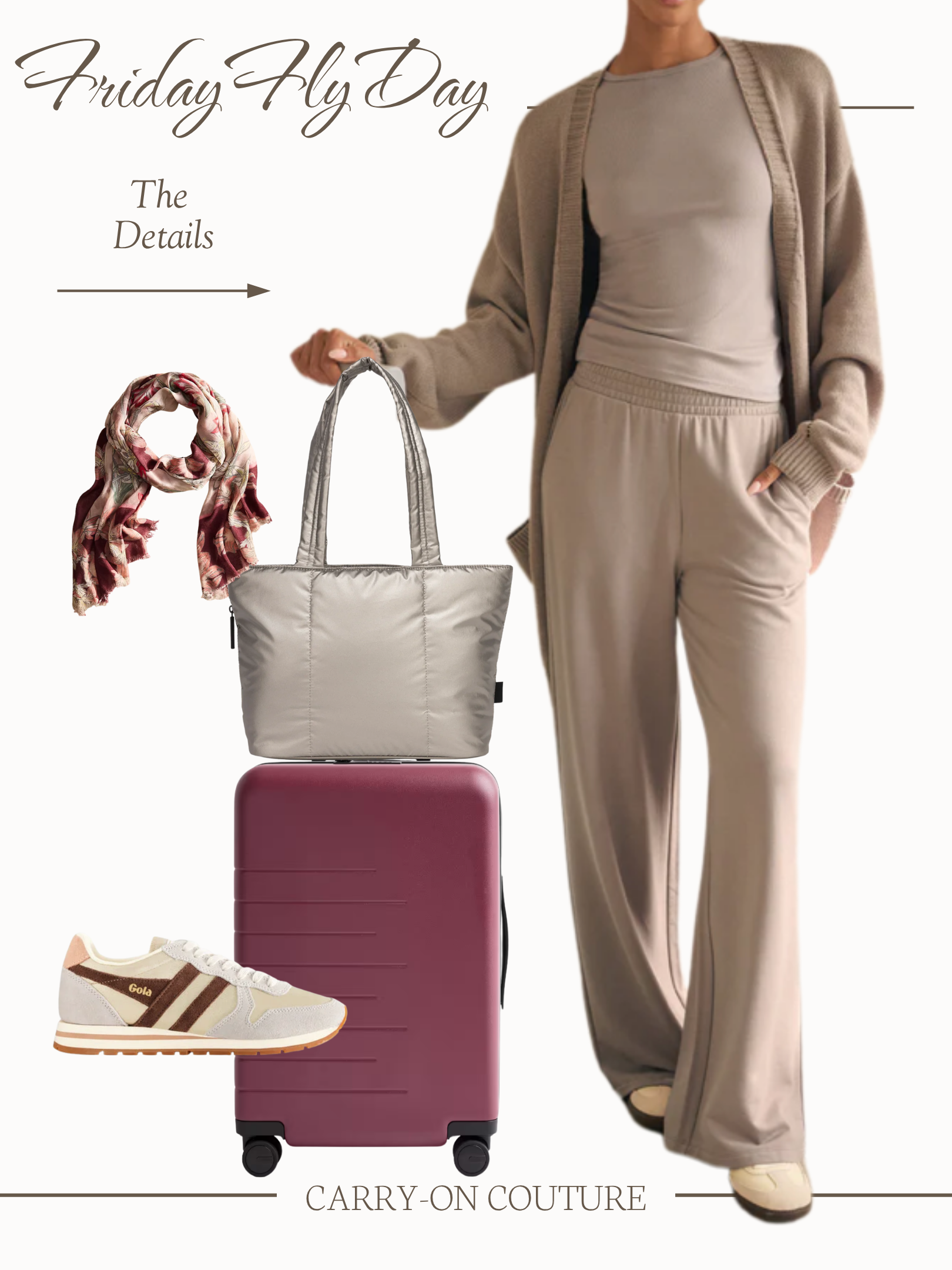 Travel outfit.  comfortable wide leg pull-on pants, layering T shirt, oversized cardigan.  Metallic carry on tote.  Quince  carry-on luggage.  Floral scarf.  Gola sneakers.