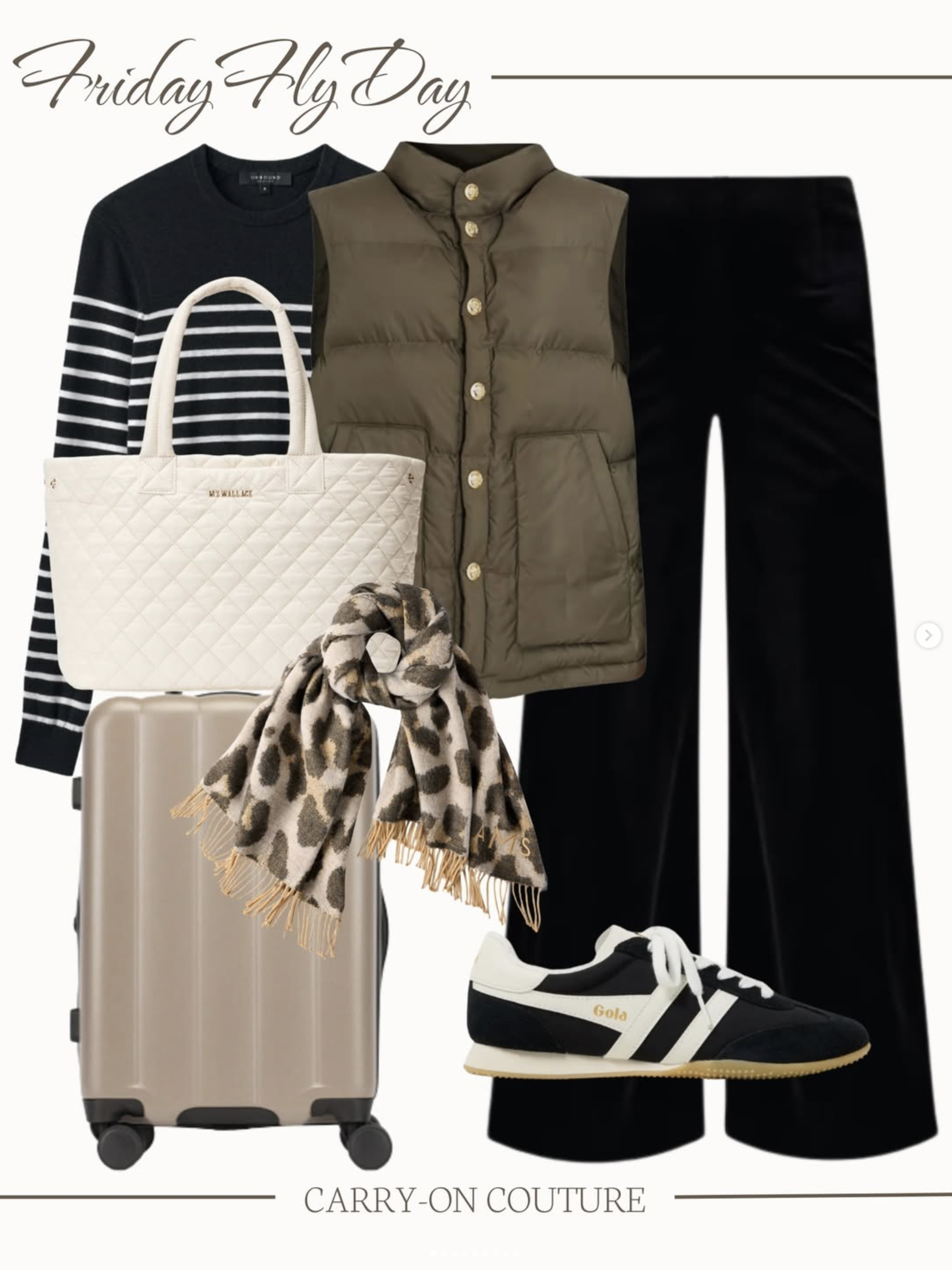 Stripe sweater, black pull on pants, olive down vest, carry-on suitcase, travel tote, scarf, black lifestyle sneaker - travel outfit, airplane outfit