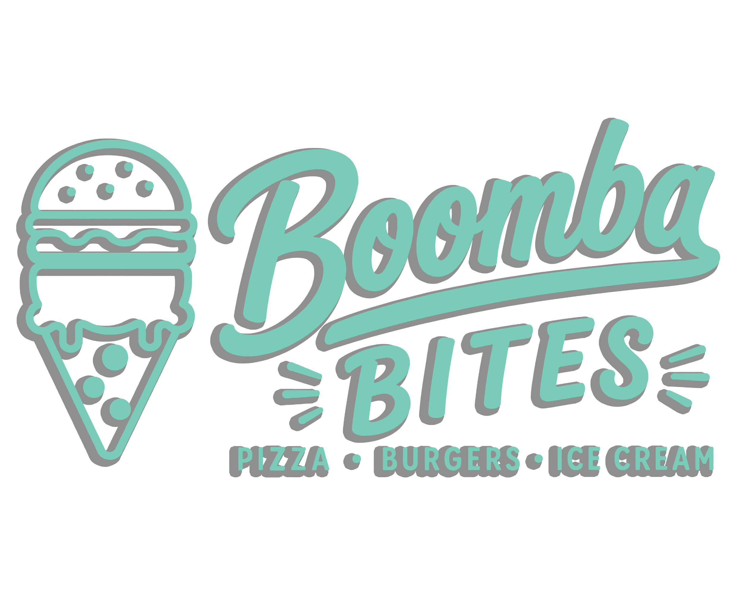 Neon sign logo of a pizza place with a slice of pizza and the text 'Bombha' in stylized font, advertising pizza, burgers, and ice cream.