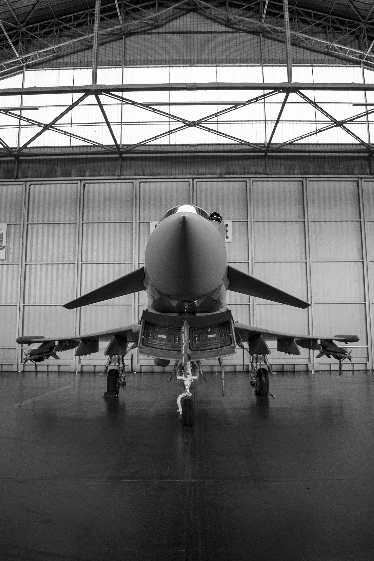 A military fighter jet inside an aircraft hangar, taken from the front view.