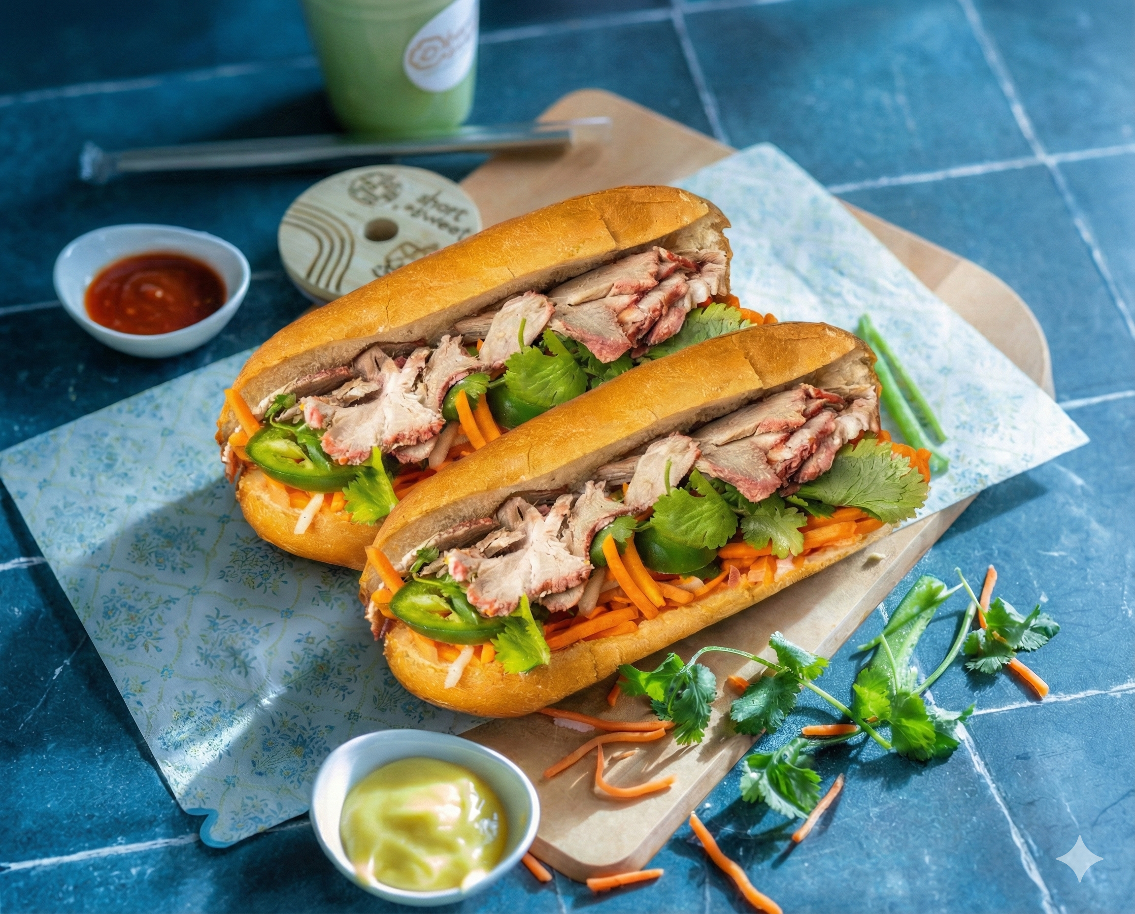 Two Vietnamese banh mi sandwiches filled with sliced pork, fresh herbs, jalapeño slices, and shredded vegetables on a paper-lined tray, with a small bowl of mustard, a small bowl of chili sauce, and a green drink in the background.
