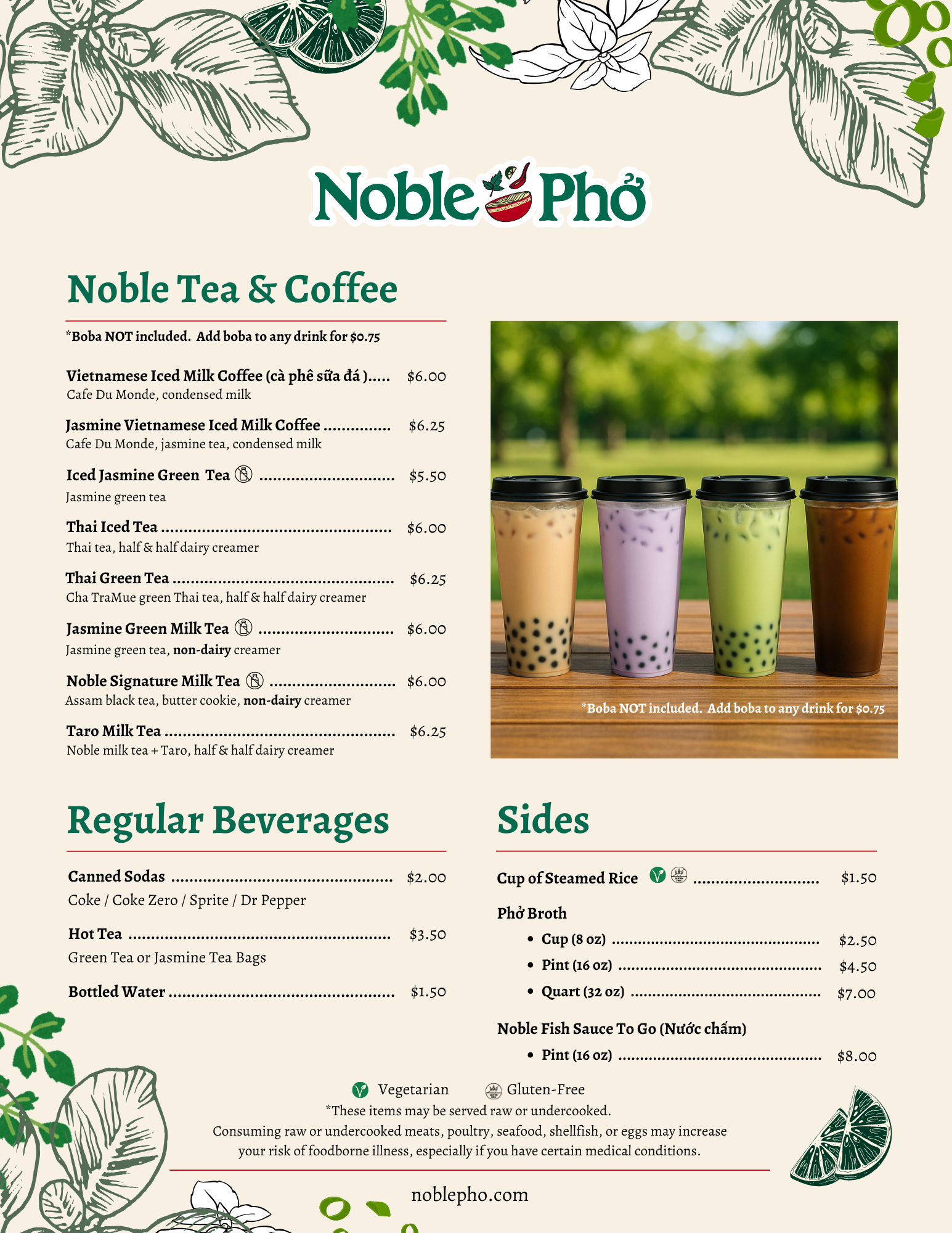 Menu from Noble Pho featuring various tea and coffee drinks, with a picture of four bubble tea cups in different flavors and colors, outdoors with green trees in the background.
