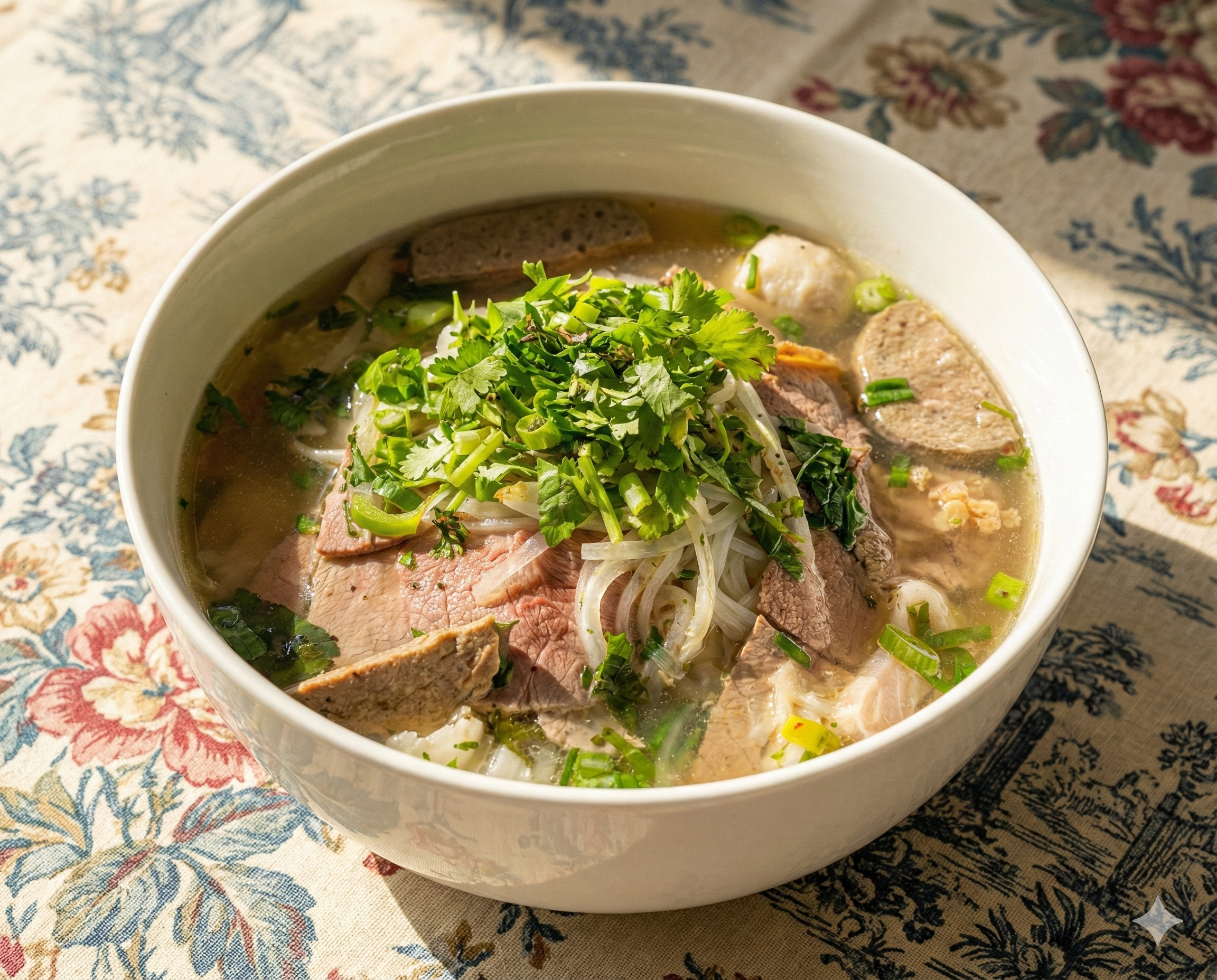 A bowl of Vietnamese pho with slices of beef, herbs, and rice noodles on a floral tablecloth.