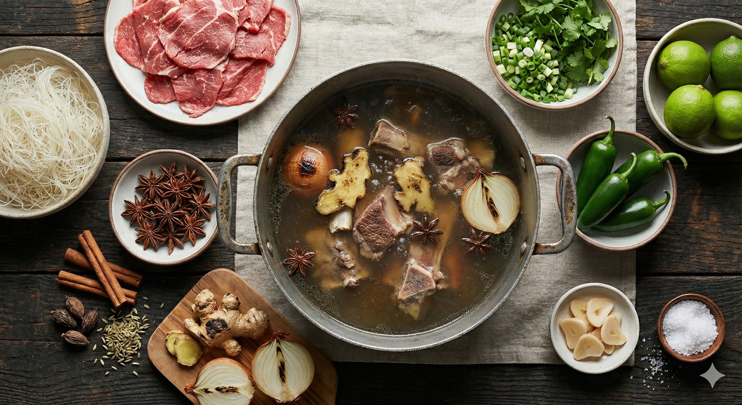 A pot of beef broth with star anise, onion, ginger, and beef chunks at the center. Surrounding it are bowls of rice noodles, slices of raw beef, chopped green onions, cilantro, limes, jalapeños, garlic, ginger, cinnamon sticks, star anise, black peppercorns, cardamom pods, and salt on a rustic wooden table.