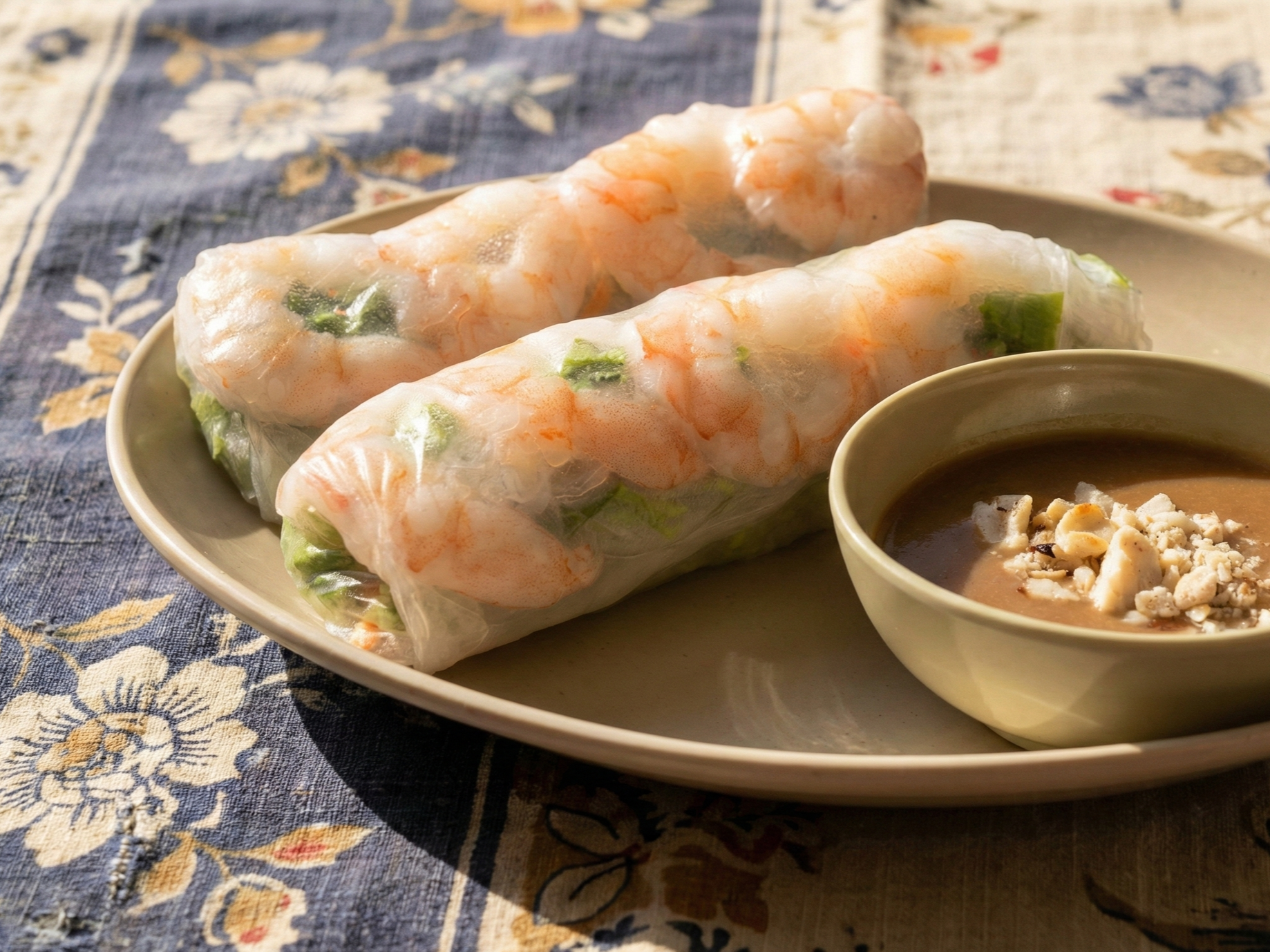 Two fresh shrimp spring rolls on a beige plate next to a bowl of peanut dipping sauce with chopped peanuts, on a floral tablecloth.