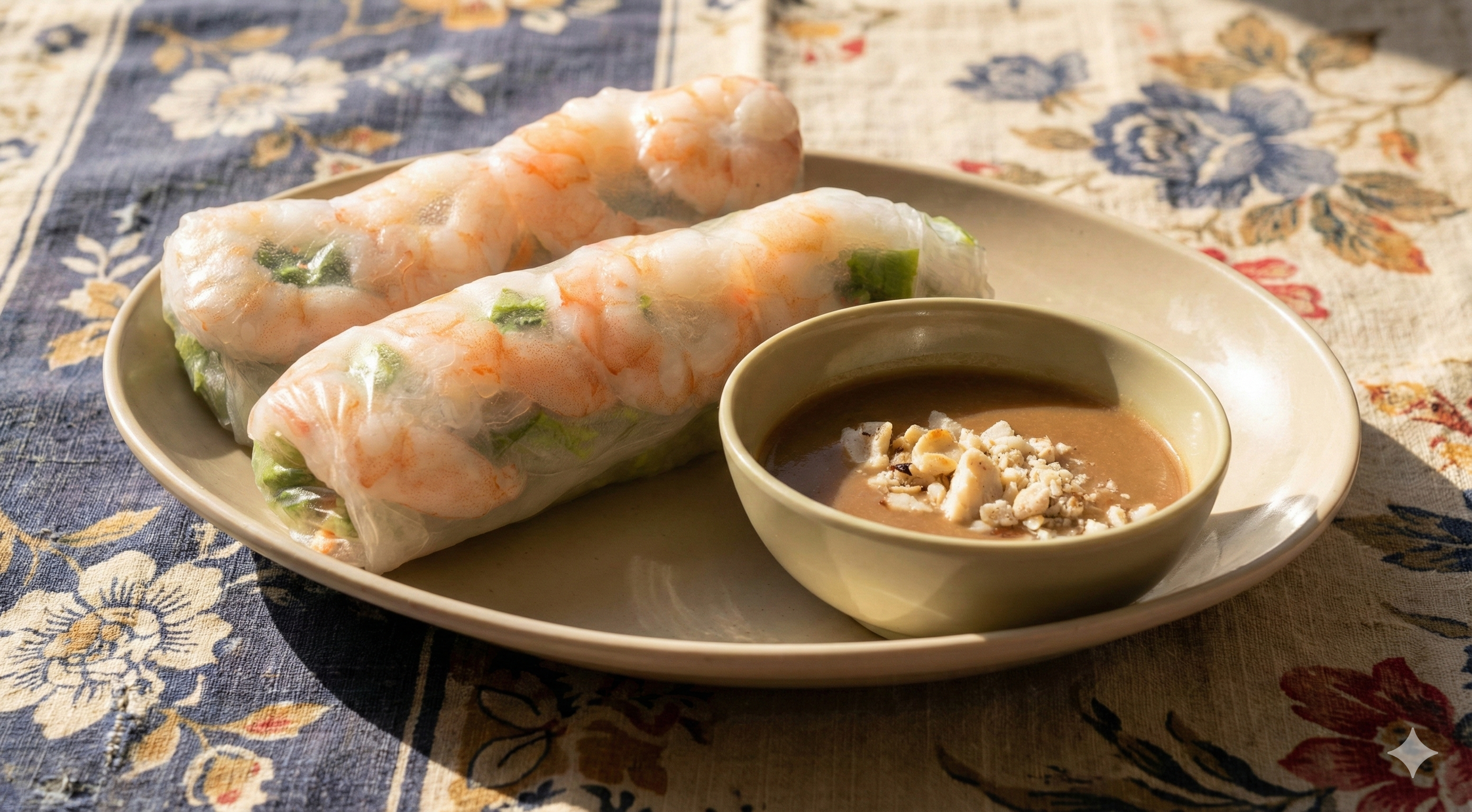 Two Vietnamese spring rolls on a white plate with a small bowl of peanut dipping sauce topped with chopped peanuts, placed on a floral tablecloth.