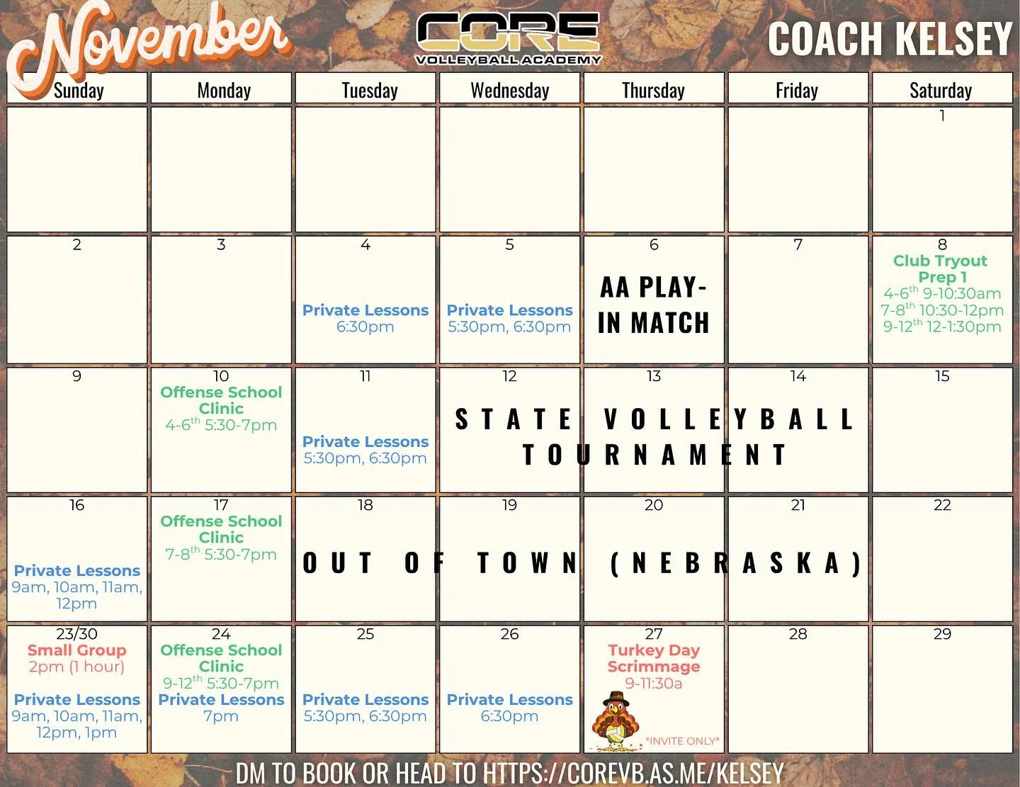 NOVEMBER WITH COACH KELSEY 🏐
This is a busy month with our high school volleyball regular season wrapping up and some work travel, but I&rsquo;ve opened several opportunities for training!
Book your spot 👉 corevb.as.me/kelsey

🦃 Private Lessons &m