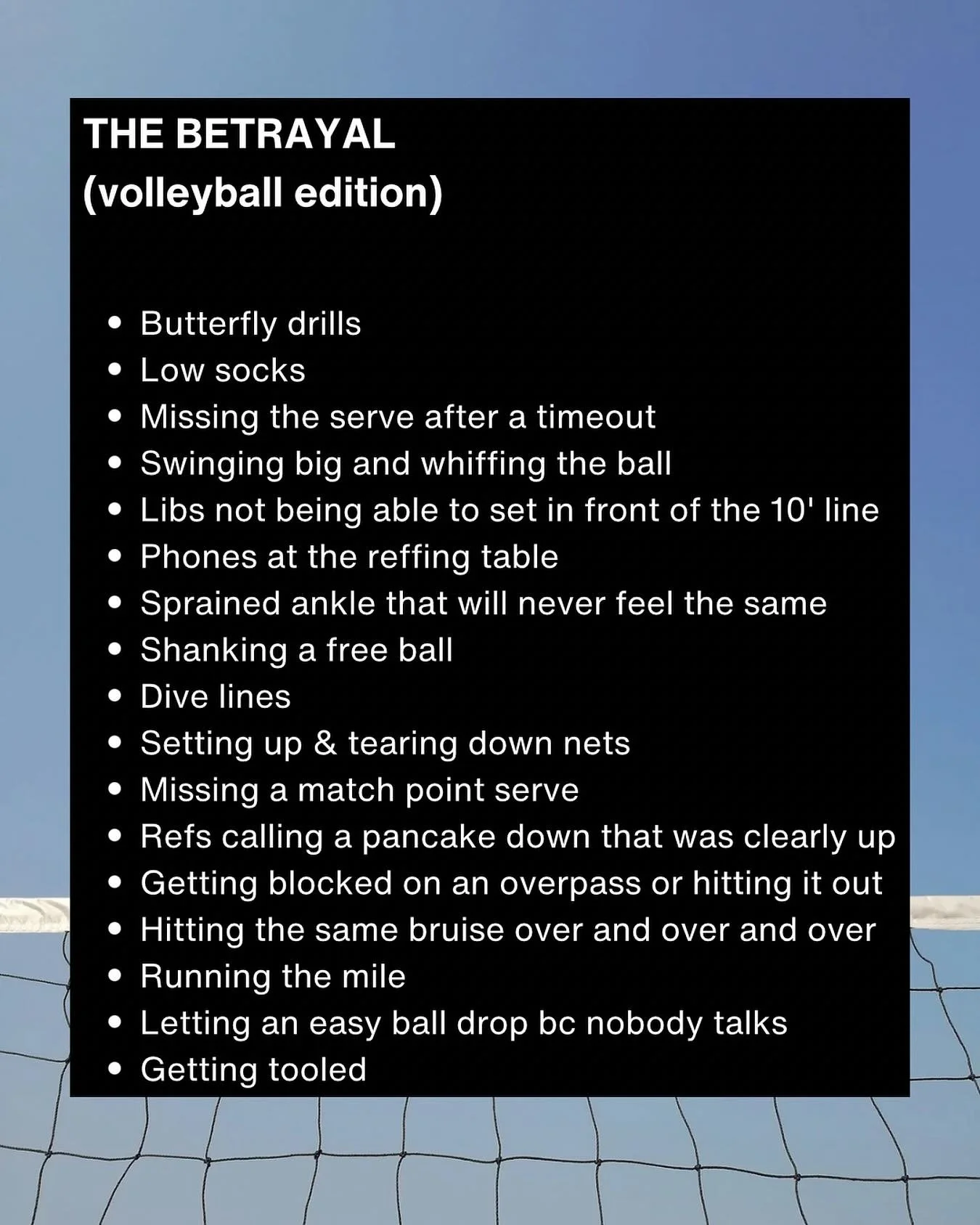 If you know, you know. And if you don&rsquo;t&hellip; count your blessings 🫠

#TheBetrayal #VolleyballEdition #VolleyballLife #VolleyballHumor #VolleyballProblems #VolleyballStruggles #VolleyballMemes #VolleyballMood #VolleyballPlayer #VolleyballFam