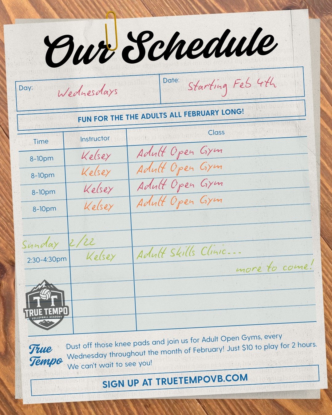Adult Open Gyms are here. 🏐

Adult 18+ Open Gym runs every Wednesday throughout February. Show up, get reps, play hard, and have fun with other local adult players in a relaxed, competitive gym environment.

Due to overwhelming interest, we are now 