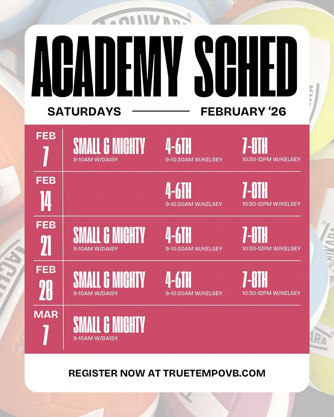 Academy starts this weekend! 🤠 There are only a couple spots open but sign ups are still open at truetempovb.com, or you can DM us to get signed up. It&rsquo;s $125 per athlete for 4 weekends of training, learning, and FUN! 

Small &amp; Mighty (K-3
