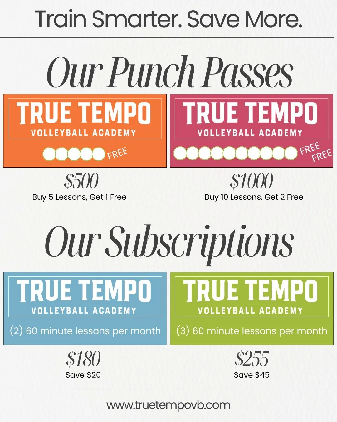 TRAIN SMARTER. SAVE MORE. 🏐

If you are training consistently, our Punch Passes and Monthly Subscriptions are the most efficient way to do it. Same quality coaching, better value, and built-in flexibility.

Punch Passes
&bull; $500, buy 5 lessons, g