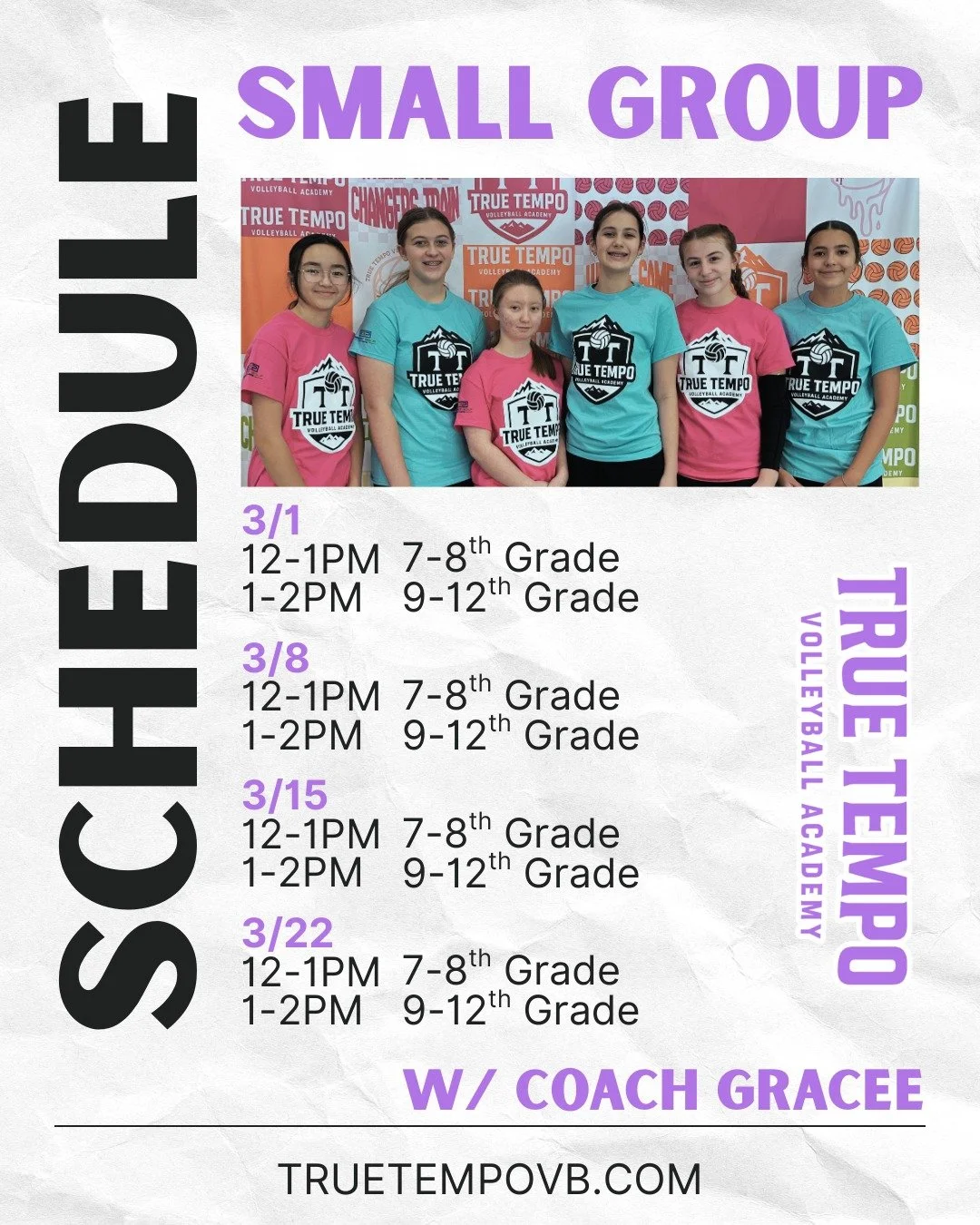 SMALL GROUP SUNDAYS ARE BACK!

More reps. More feedback. More confidence.

Join Coach Gracee on 3/1, 3/8, 3/15, and 3/22:
12&ndash;1PM for 7&ndash;8th grade
1&ndash;2PM for 9&ndash;12th grade

Limited spots means focused training and real development