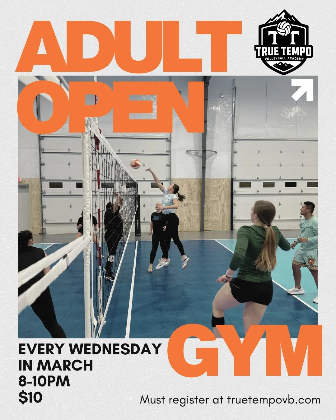 ADULT OPEN GYM IS BACK!

Every Wednesday in March, 8&ndash;10PM. Just $10 to play.

Get your midweek reps in, shake off the day, and compete with a solid group. Fast rallies, good touches, and a little friendly fire at the net.

Spots are limited. Re