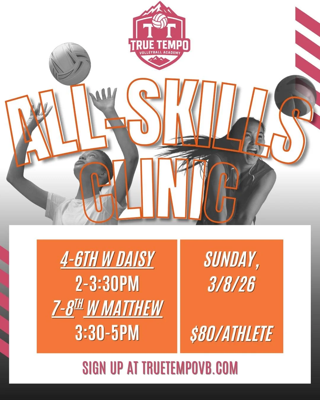 ALL SKILLS CLINIC THIS SUNDAY!

Sunday, 3/8/26
$80 per athlete

4&ndash;6th with Coach Daisy, 2&ndash;3:30PM
7&ndash;8th with Coach Matthew, 3:30&ndash;5PM

Focused reps. Detailed coaching. Competitive touches. This is the perfect chance to clean up 