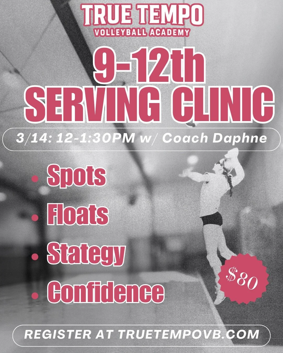 SERVE LIKE YOU MEAN IT.

9&ndash;12th SERVING CLINIC
Saturday, 3/14
12&ndash;1:30PM with Coach Daphne
$80

This session is all about turning your serve into a weapon.
Hit spots. Create float. Disrupt systems. Build the kind of confidence that shifts 