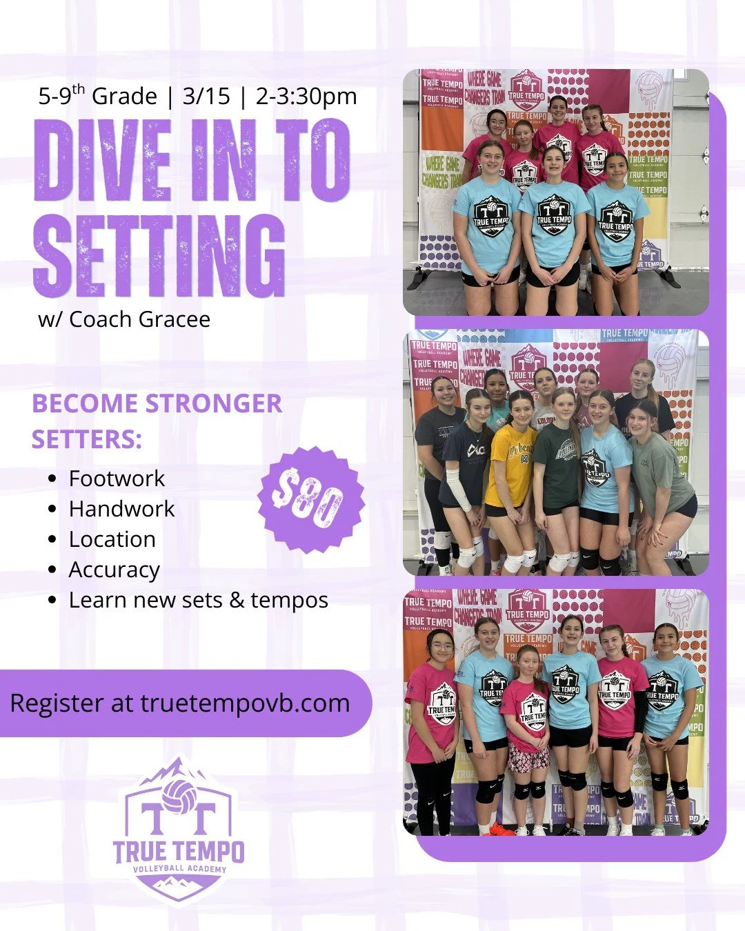 HANDS LIKE BUTTER.

Setter Clinic
Sunday, 3/15
2&ndash;3:30PM
5&ndash;9th Grade
$80 with Coach Grace

Soft touch. Quick feet. Clean release. We are dialing in footwork, handwork, location, and accuracy, plus introducing new sets and tempos that eleva