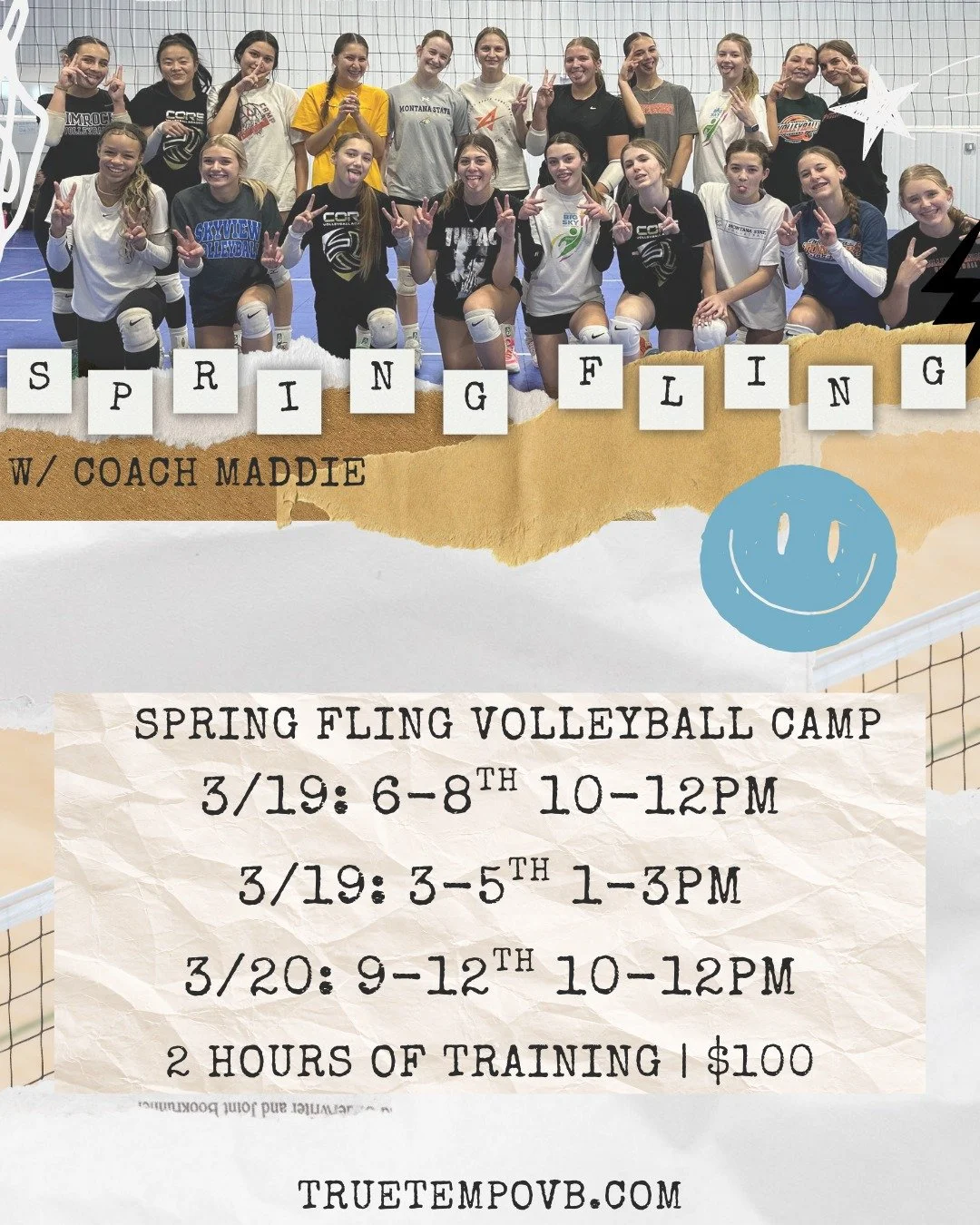 SPRING BREAK JUST GOT AN UPGRADE.

Spring Fling Camp with Coach Maddie

3/19
6&ndash;8th Grade, 10&ndash;12PM
3&ndash;5th Grade, 1&ndash;3PM

3/20
9&ndash;12th Grade, 10&ndash;12PM

Two hours. High reps. Competitive touches. Real development while ev