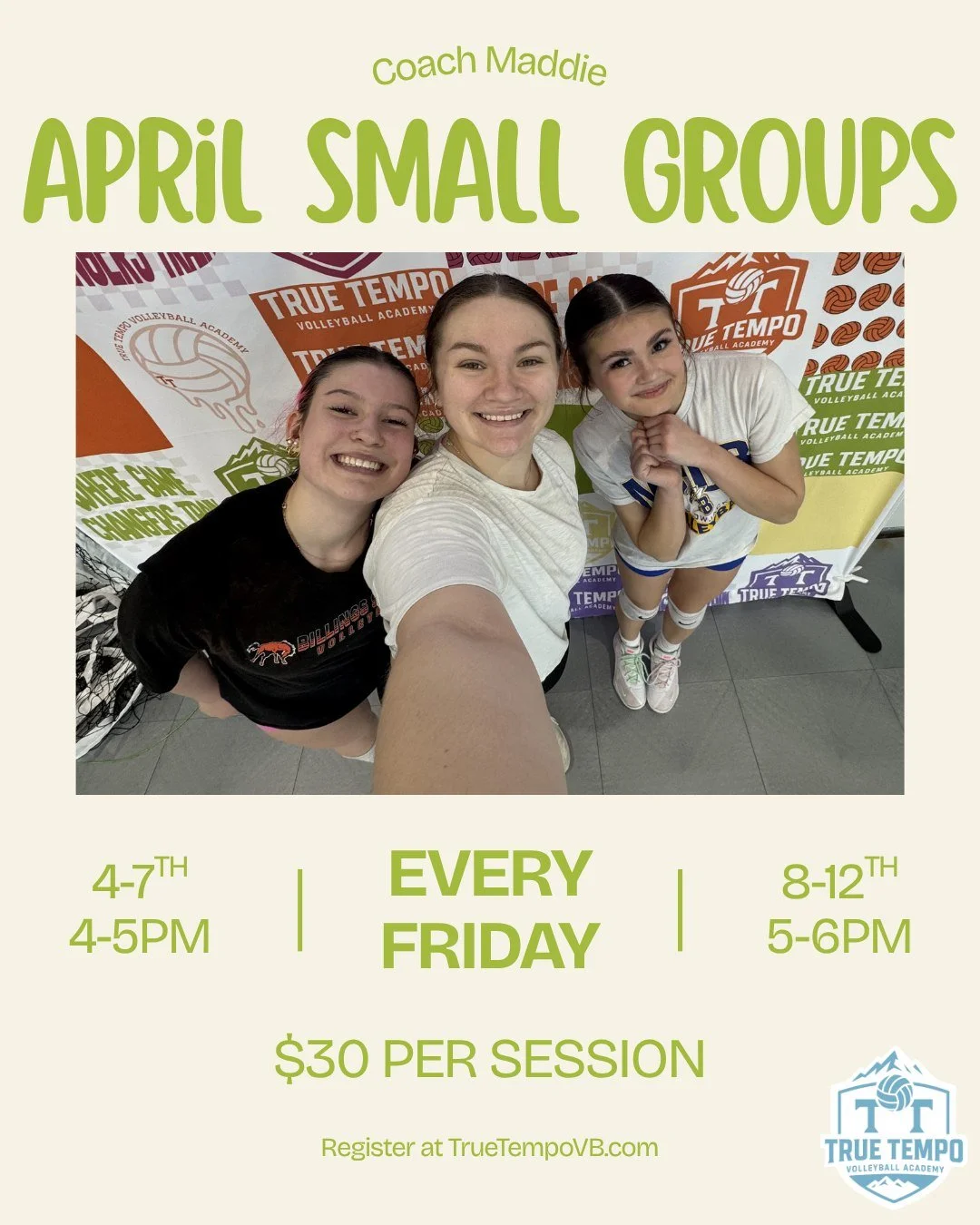 APRIL SMALL GROUPS 

EVERY FRIDAY 📅
4&ndash;7TH 🏐 4&ndash;5PM ⏰
8&ndash;12TH 🏐 5&ndash;6PM ⏰

Small groups mean more touches, more feedback, and faster improvement. This is where athletes really start to level up because the attention is on them e