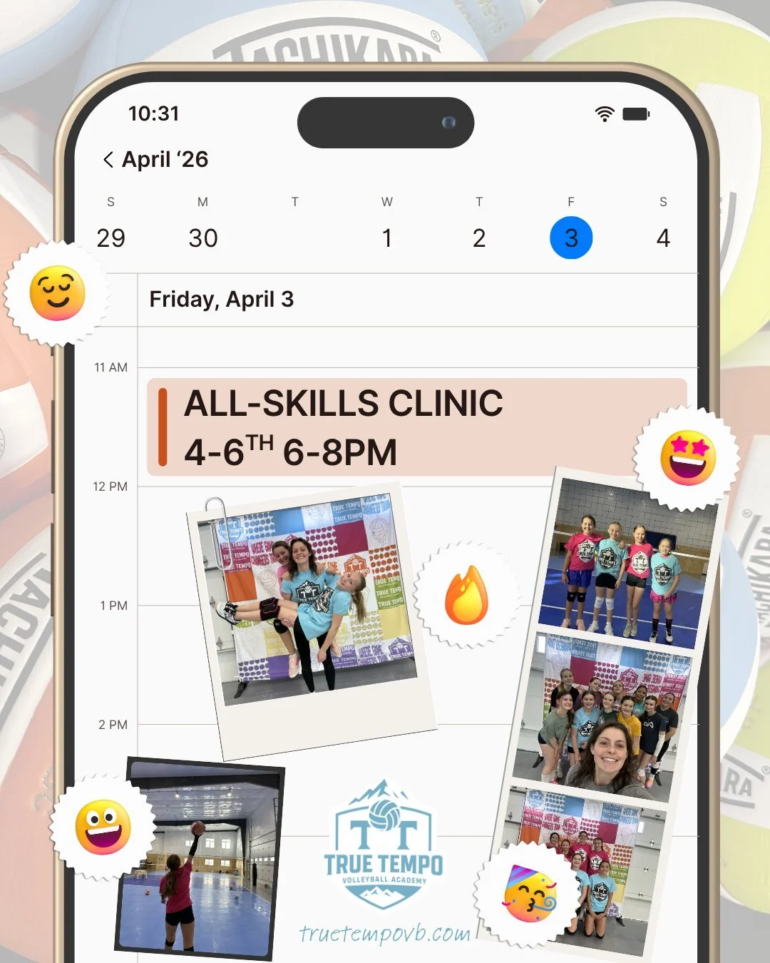 ALL SKILLS CLINIC 🔥

4&ndash;6TH 🏐 APRIL 3 📅 6&ndash;8PM ⏰

Fast-paced, high-energy, and built for kids who want to get better without it feeling like a chore. We&rsquo;re touching every skill, keeping them moving, and building confidence with eve