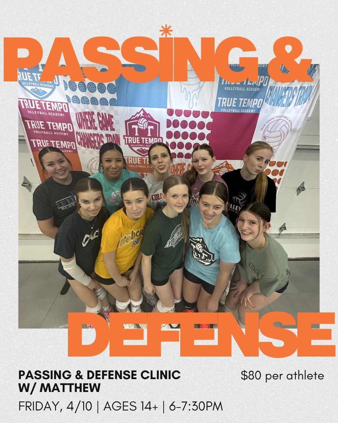 PASSING &amp; DEFENSE CLINIC 🛡️

AGES 14+ 🏐 APRIL 10 📅 6&ndash;7:30PM ⏰

Ball control changes everything. We&rsquo;re dialing in platform angles, defensive reads, and consistency so athletes can trust their game under pressure. Expect a lot of rep