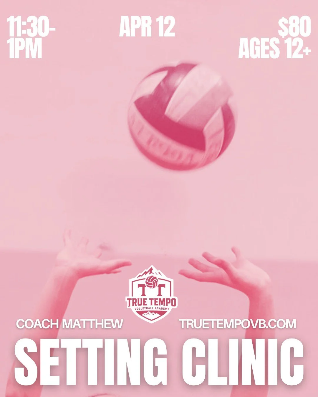 SETTING CLINIC 🎯 with Coach Matthew
AGES 12+ 🏐 APRIL 12 📅 11:30&ndash;1PM ⏰

Hands, tempo, and decision making. This is where setters start to take control and actually run an offense with confidence. Clean reps and focused feedback the whole way 