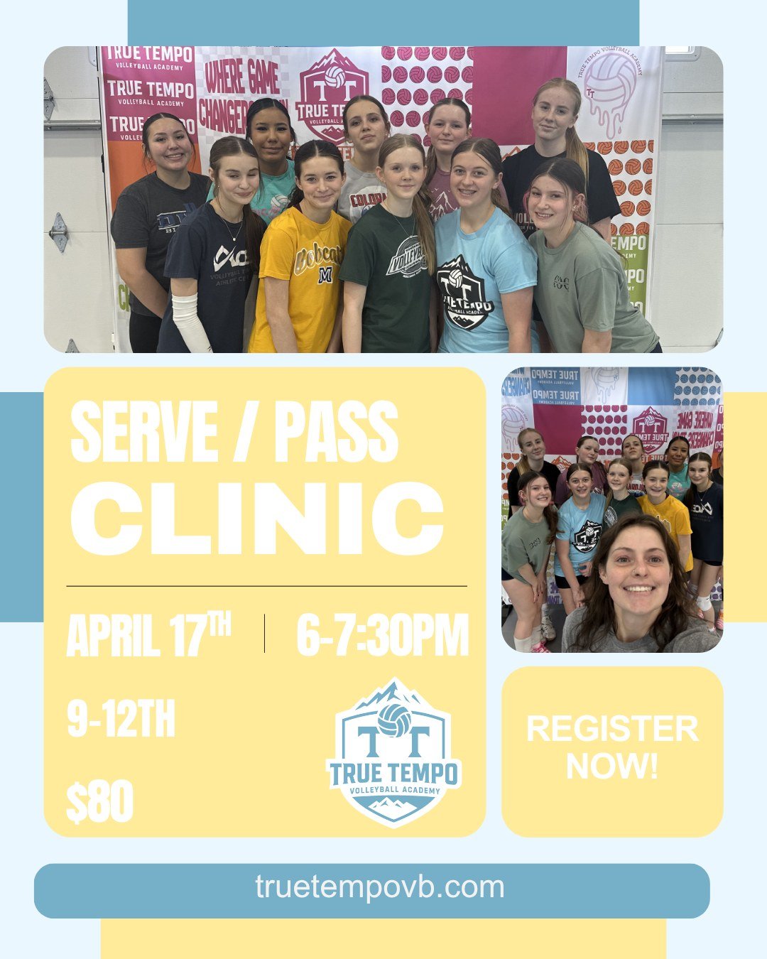 SERVE &amp; PASS CLINIC 🏐 with Coach Kelsey
9&ndash;12TH 🏐 APRIL 17 📅 6&ndash;7:30PM ⏰

First contact sets the tone. We&rsquo;re focusing on serving with purpose and passing with control so athletes can start every play in a strong position.

Regi