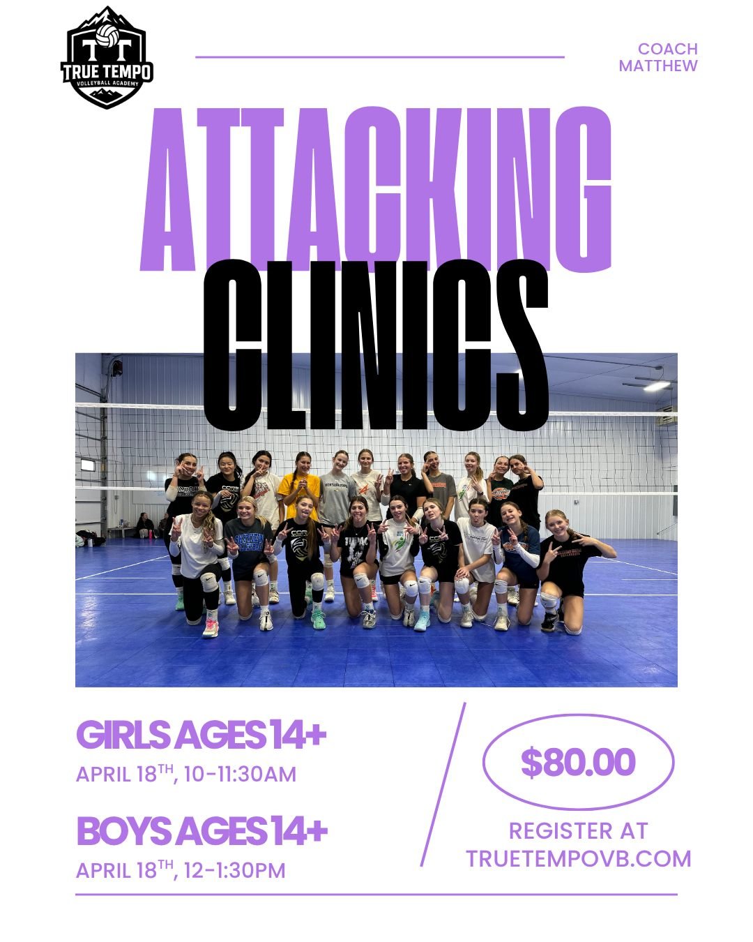 ATTACKING CLINIC 💥with Coach Matthew
GIRLS 14+ 🏐 APRIL 18 📅 10&ndash;11:30AM ⏰
BOYS 14+ 🏐 APRIL 18 📅 12&ndash;1:30PM ⏰

Approach, timing, and putting the ball away. This session is built for athletes who want to be more explosive, more confident