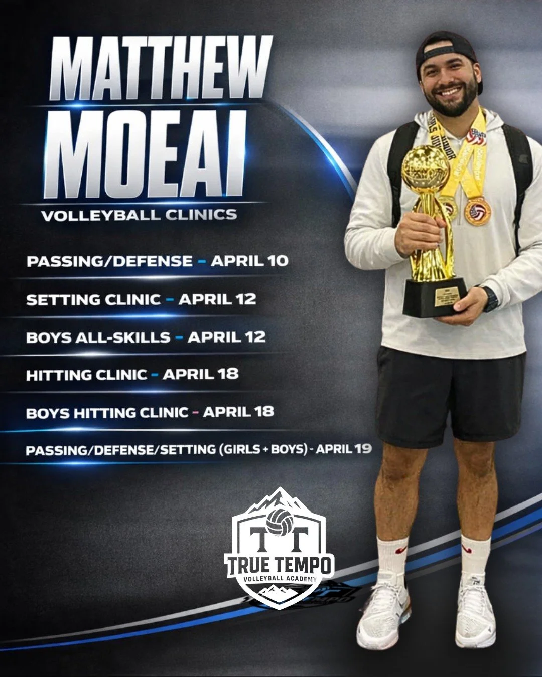 COACH MATTHEW VOLLEYBALL CLINICS 🏐🔥

📅 APRIL 10
Passing + Defense

📅 APRIL 12
Setting Clinic
Boys All Skills

📅 APRIL 18
Hitting Clinic
Boys Hitting

📅 APRIL 19
Passing / Defense / Setting (Girls + Boys)

High-level training, detailed reps, and