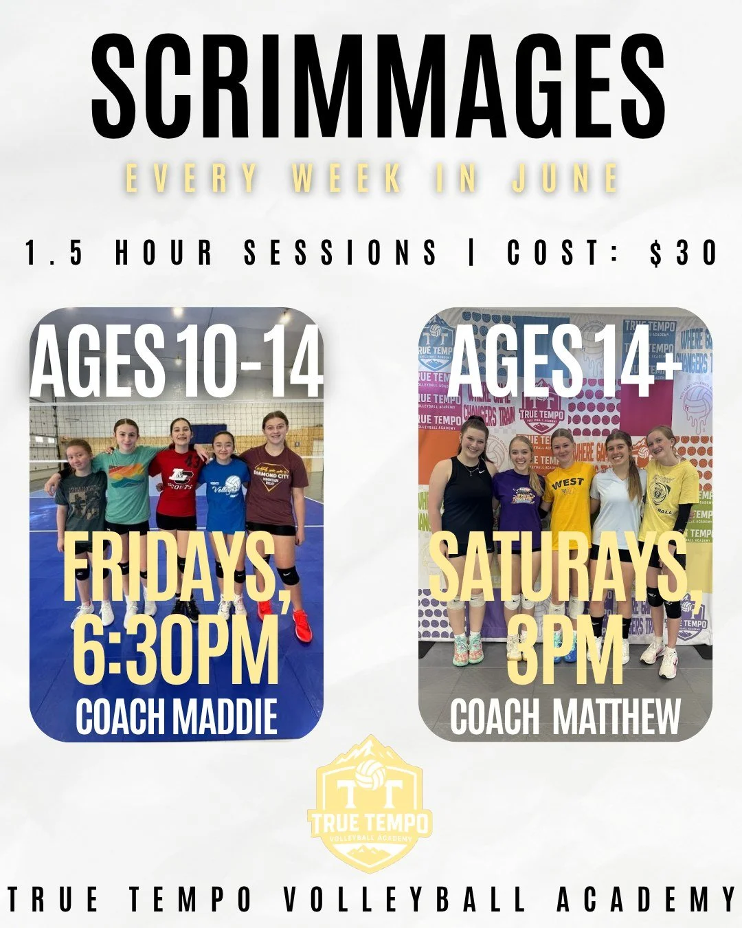 The fastest way to get better is to compete. 🏐

Scrimmage Nights are every week in June and we want your athlete on the court as much as possible. Game reps, real competition, and coaching throughout. This is where court IQ gets built.

Ages 10-14 |
