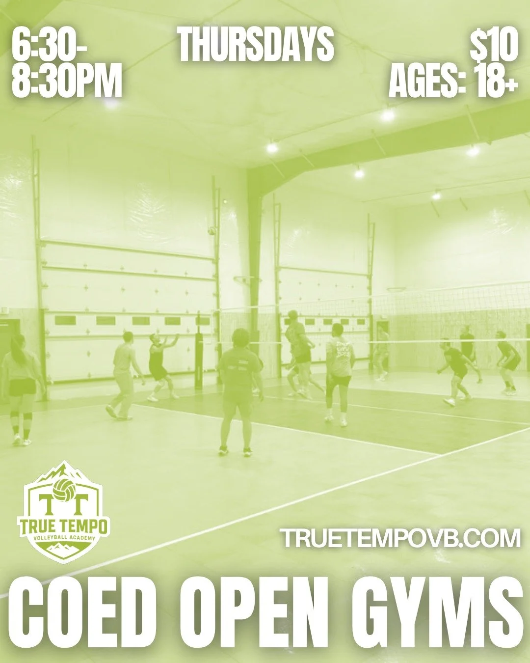 Come play! 🏐

Co-Ed Open Gyms are every Thursday in June. Two hours of great volleyball, good people, and a fun atmosphere. All skill levels welcome, just bring your energy.

Thursdays | 6:30-8:30PM | Ages 18+ | $10

Register at truetempovb.com, lin