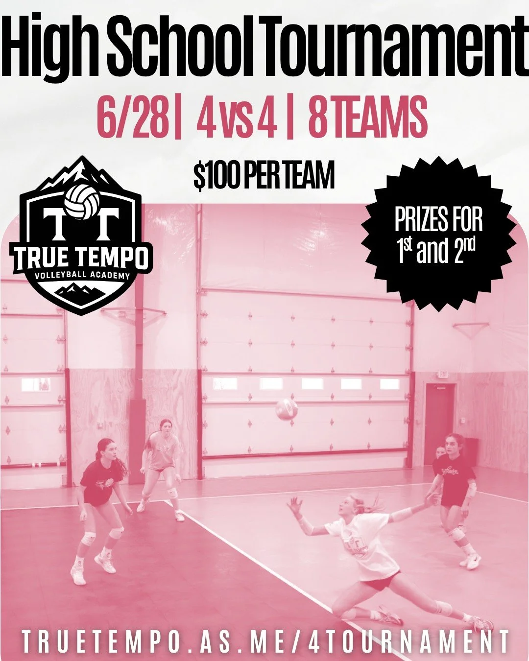 We are running a High School 4s Tournament on 6/28 and we want your team there. 🏐

Pool play in the morning, double elimination bracket to follow. Eight teams, two courts, and a full day of competitive volleyball. TT shirts and prizes for 1st and 2n