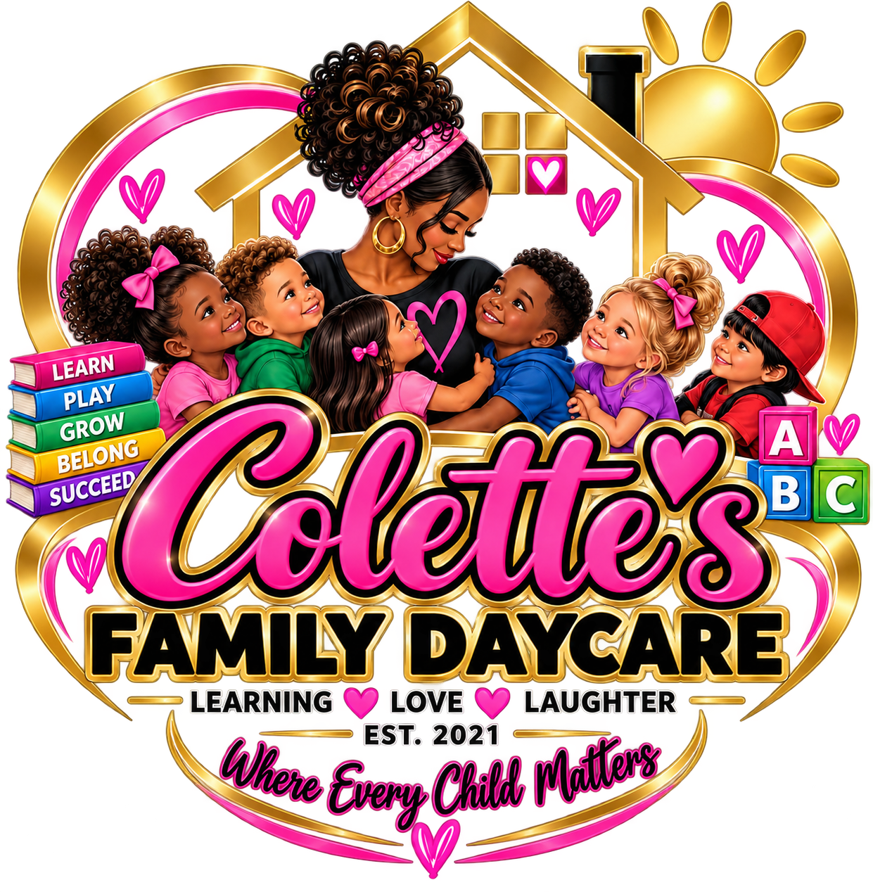Collette’s Family Daycare logo featuring a caregiver and children with pink and gold lettering, learning and play icons, and the motto Where Every Child Matters.