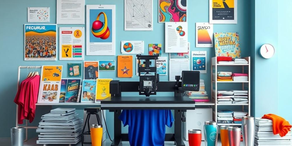 A workspace with a large 3D printer on a black table, surrounded by colorful tumblers, stacks of printed papers, a clothing rack with a red garment, and a white bookshelf filled with stacks of paper. The wall behind has numerous posters, charts, and artwork, and a white clock is on the right wall.