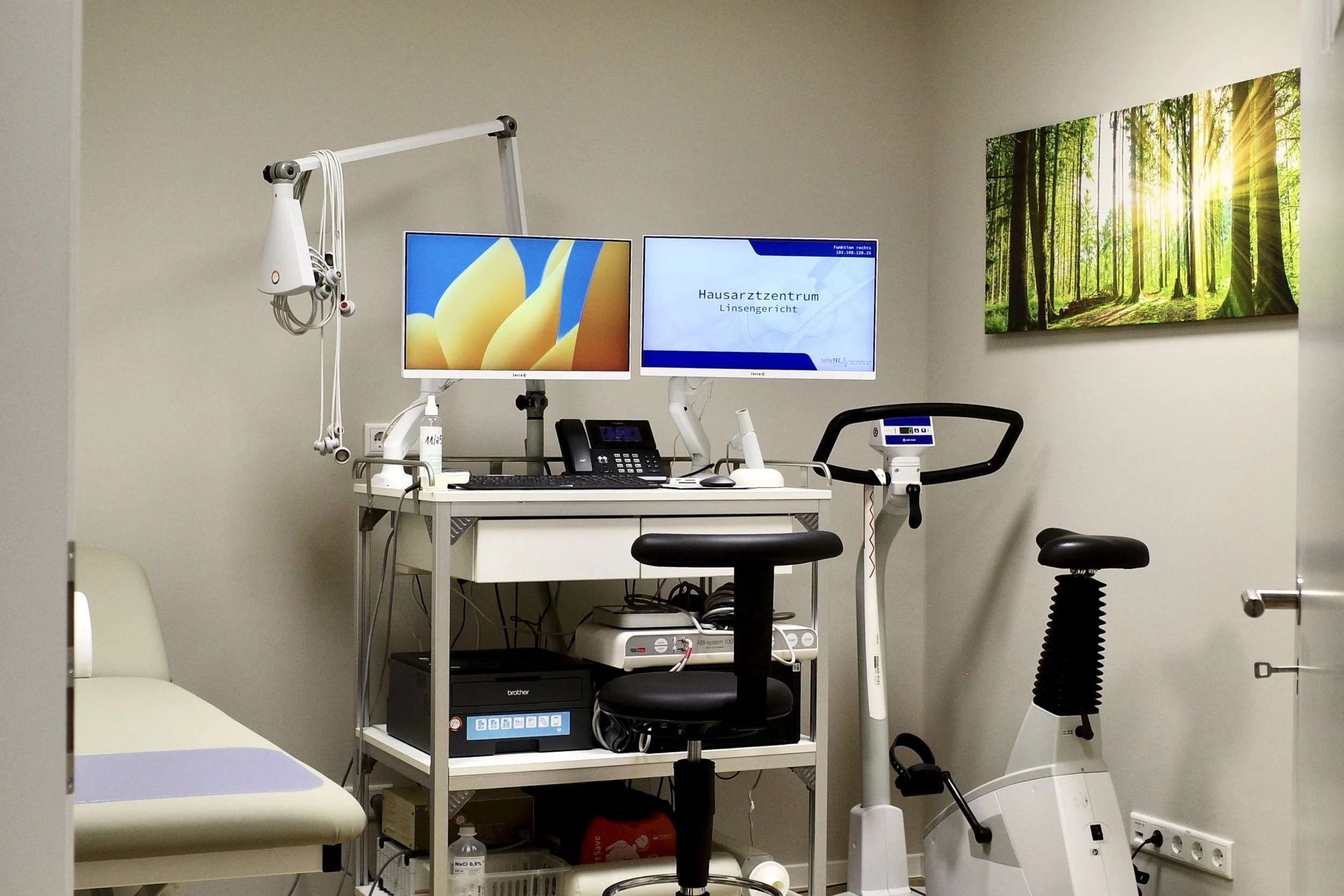 Foto eines mittelgroßen Untersuchungsraums mit medizinischer Ausstattung, zwei Monitoren, die an einem weißen Tisch befestigt sind, einem Stuhl, stehendem Fahrrad-Ergometer, einer Liege am linken Bildrand, eine Wanddekoration mit Sonnenlicht im Wald.
