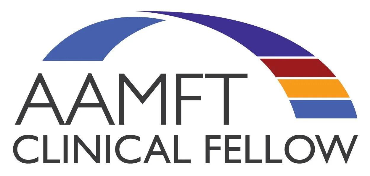 Logo of AMFT Clinical Fellow featuring a rainbow arc in blue, purple, red, orange, and dark blue colors, with the text 'AMFT CLINICAL FELLOW' underneath.