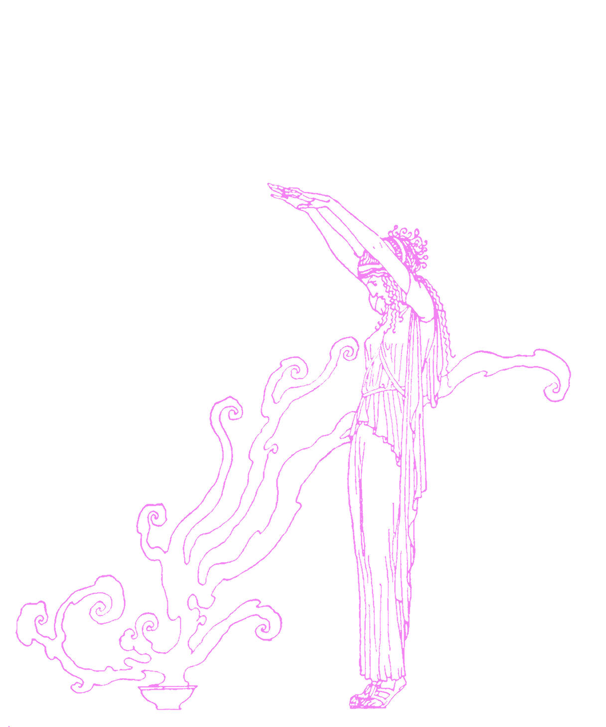 Line drawing of a woman with arms raised, standing with one foot in front of the other, on a cloud-like shape, using purple lines on a black background.