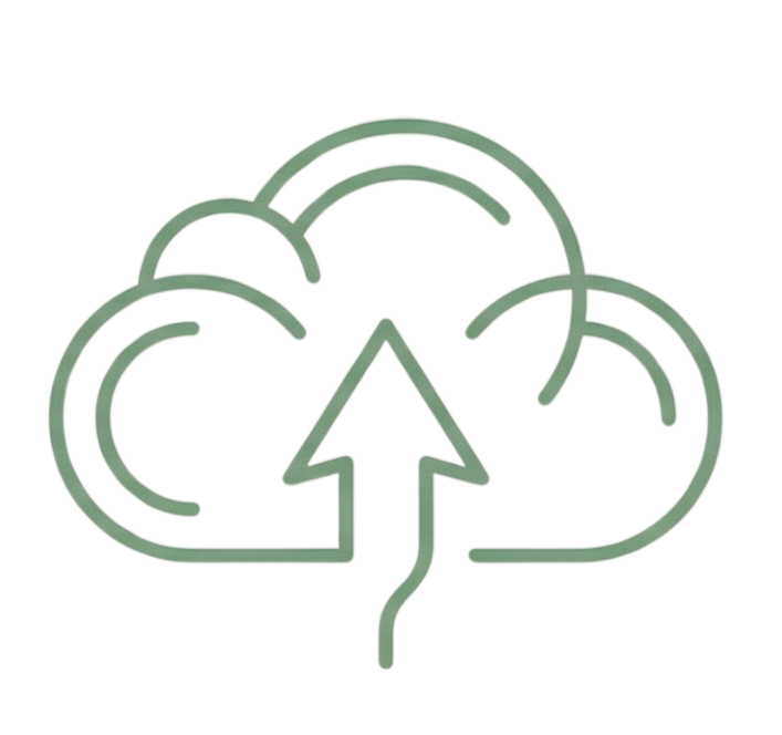 A neon sign icon of a cloud with an arrow pointing upward, representing cloud upload or cloud storage.