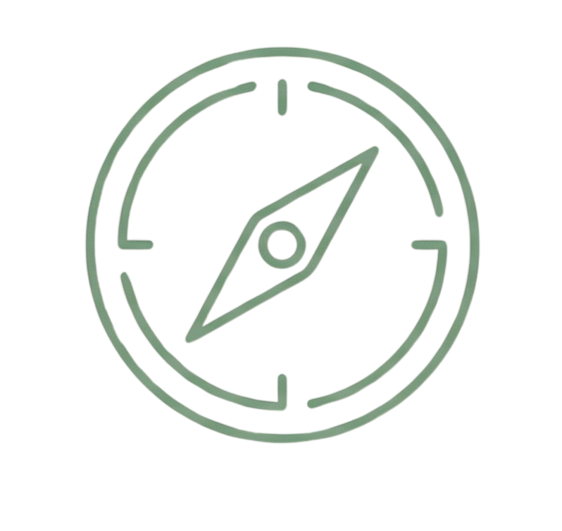 A neon green line drawing of a compass on a black background.