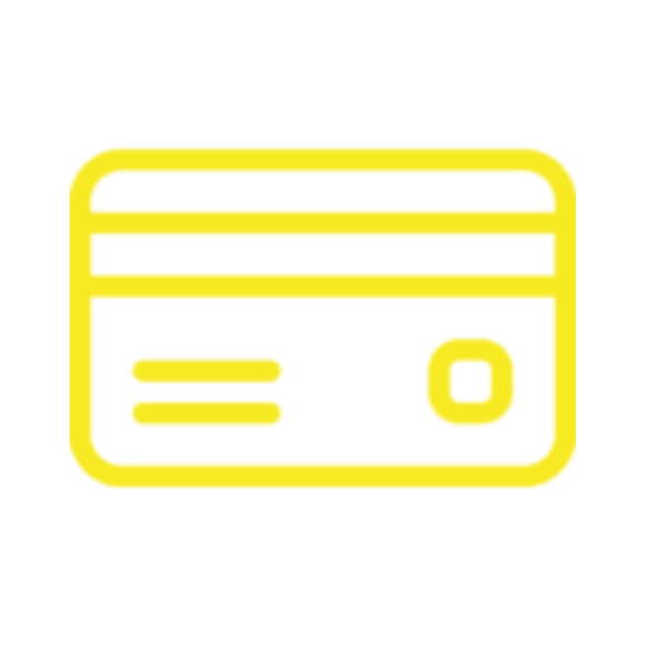 Icône de carte de crédit en jaune sur fond noir.