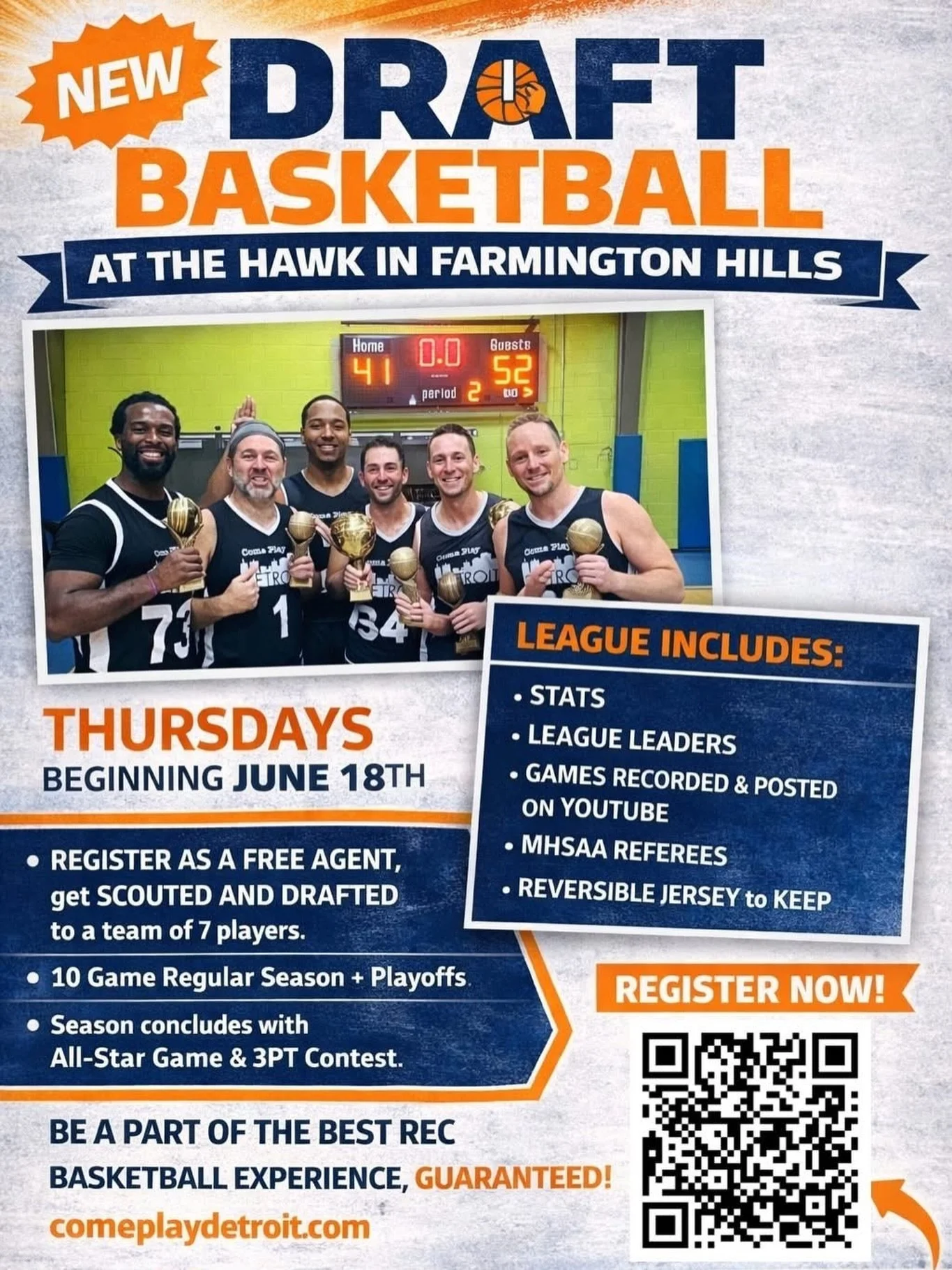 Check out our NEWEST Draft Basketball League:
Thursdays @ The Hawk Rec Center in Farmington Hills! Open to everyone 18+ years old.

Season begins Thursday June 18th with the combine/ draft, and then everything you&rsquo;ve come to love about our leag
