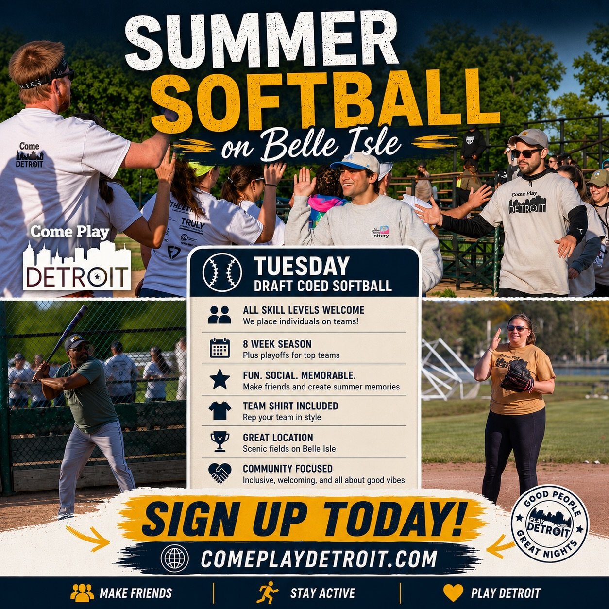 Whether you&rsquo;re looking to stay active, meet new people, or just have something fun to look forward to after work, our Belle Isle Draft Coed Softball League is built for exactly that.

No full team needed. Sign up as an individual and we&rsquo;l