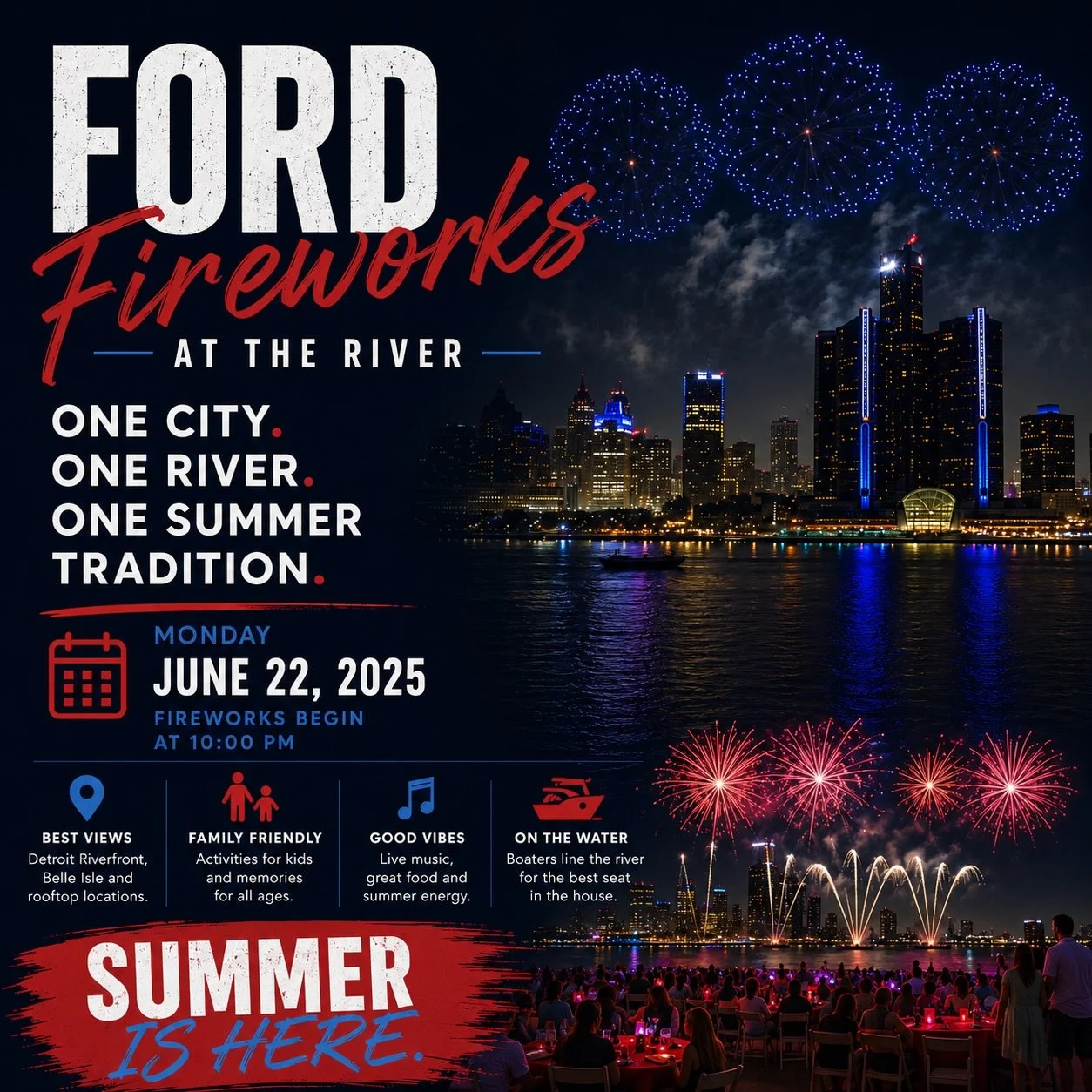 Some traditions need to never change. 🎇
Every summer, Detroit finds its way back to the river.

Families, friends, neighbors, and strangers all gather around waiting for the show to begin. 

Show starts at 10 pm on June 22nd 

See you on the waterfr