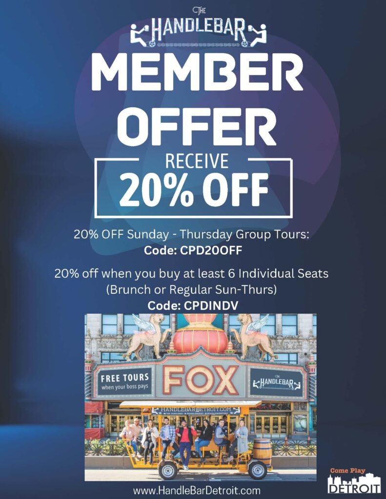 Promotional poster for HandleBar Detroit offering members 20% off group tours and rides, with discount codes CPD20OFF and CPDINDV, featuring an image of a group riding a multi-person bicycle outside Fox Theatre.