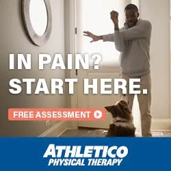 A man and a dog in a hallway near a mirror, with text promoting athletic physical therapy for pain relief and free assessment.