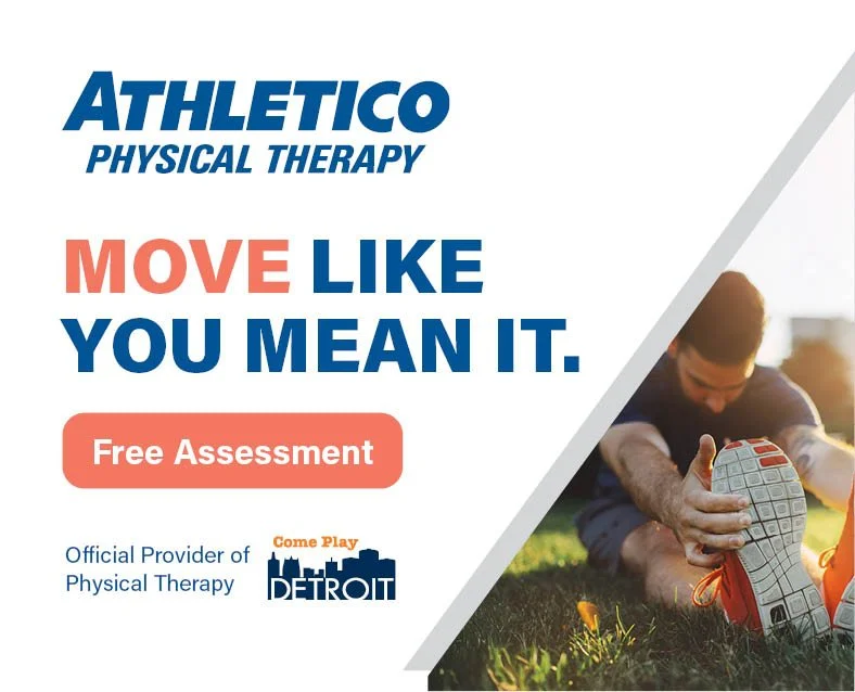 A man and a dog in a hallway near a mirror, with text promoting athletic physical therapy for pain relief and free assessment.