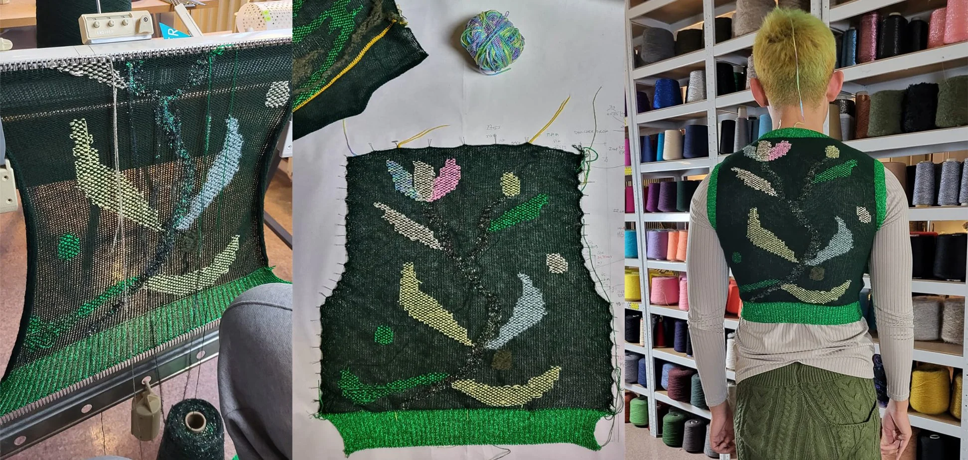 A person with short hair is wearing a knitted vest with a colorful geometric pattern on its back, standing in front of shelves filled with spools of different colored yarns. The middle section shows a close-up of the knitting process, with a partiall