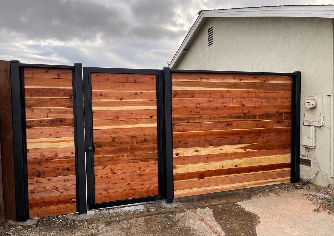 redwood gate with metal frame