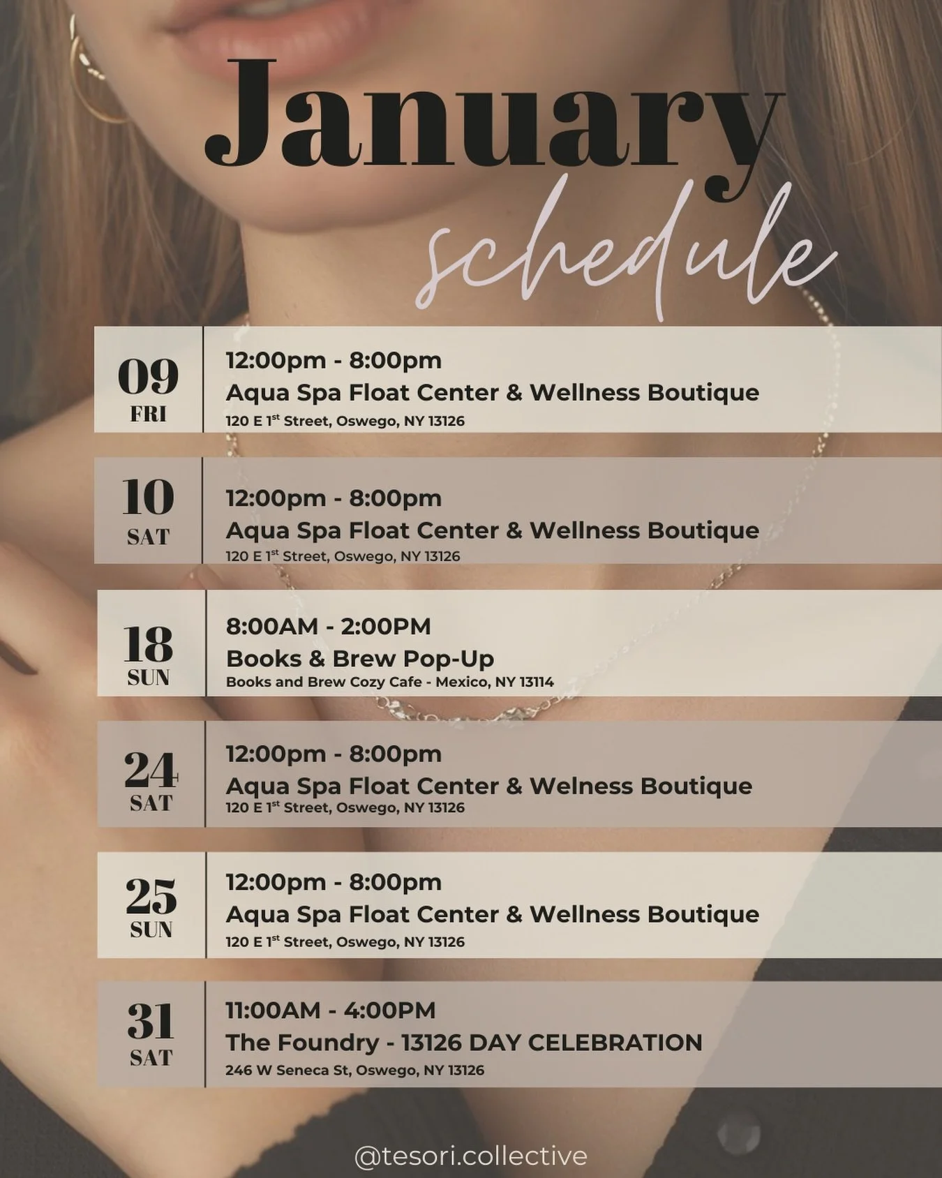 ✨ January Schedule is Live ✨
A new year means new places to shine &mdash; and we&rsquo;re kicking things off with a full month of pop‑ups, spa days, and community events.

We&rsquo;ll be at Aqua Spa Float Center &amp; Wellness Boutique throughout Jan