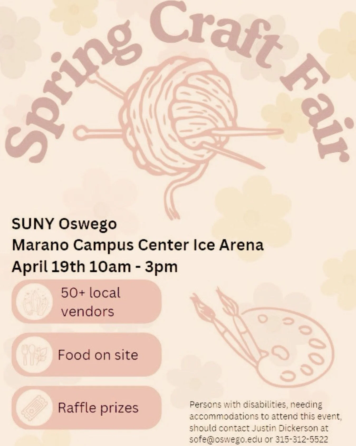 Celebrating local artistry, handcrafted goods, and the return of spring.
Join us at the SUNY Oswego Spring Craft Fair &mdash; April 19th, 10&ndash;3 at the Marano Campus Center Ice Arena.
50+ local vendors, food on site, and raffle prizes all day.

#