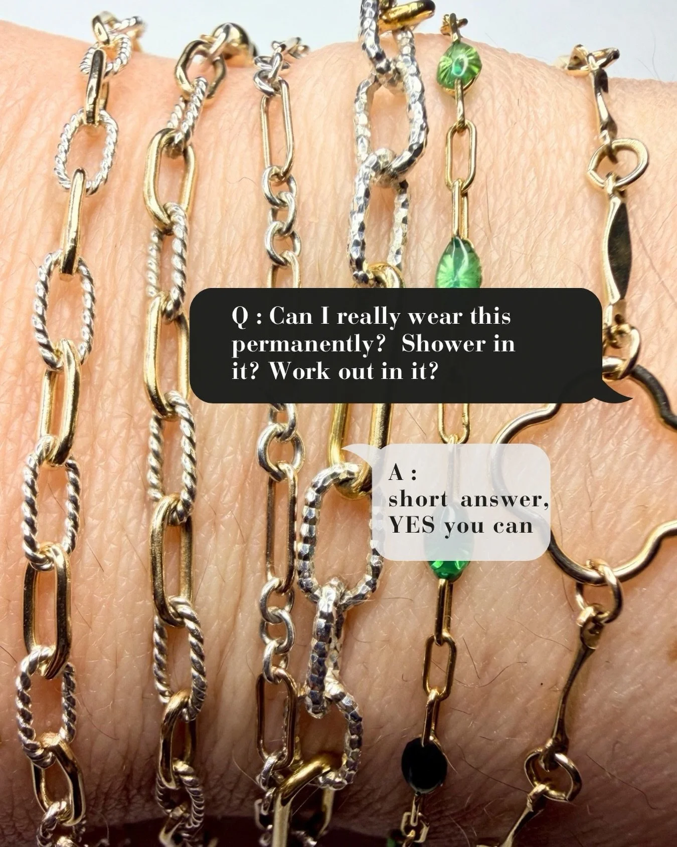 ✨ Two mixed‑metal paperclip chains &mdash; one brand new, one worn daily for six months. (First two on pictured in left).
No polishing routines. No special cleaners. Just real life: showers, workouts, hand‑washing, dishes&hellip; and keeping lotions 